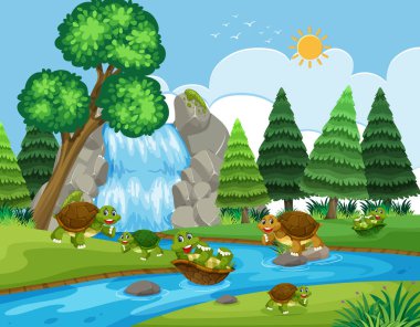Turtle playing in river illustration clipart