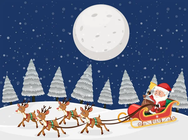 Santa on sleigh with reindeers snow night scene illustration