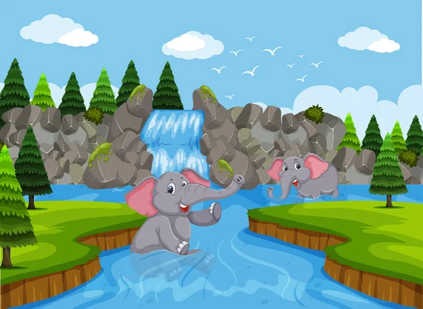 Elephants Playing Water Illustration — Stock Vector