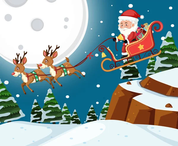 Weihnachtsmann Auf Schlitten Mit Verstärkung Nächtliche Szene Illustration — Stockvektor