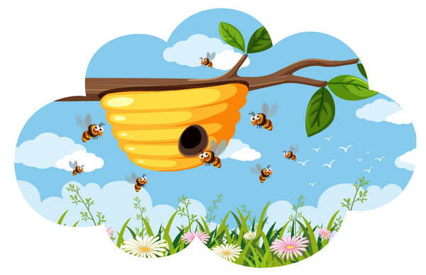 Beehive with bees on branch illustration