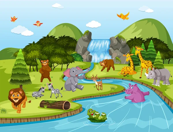 Animales Cascada Escena Ilustración — Vector de stock