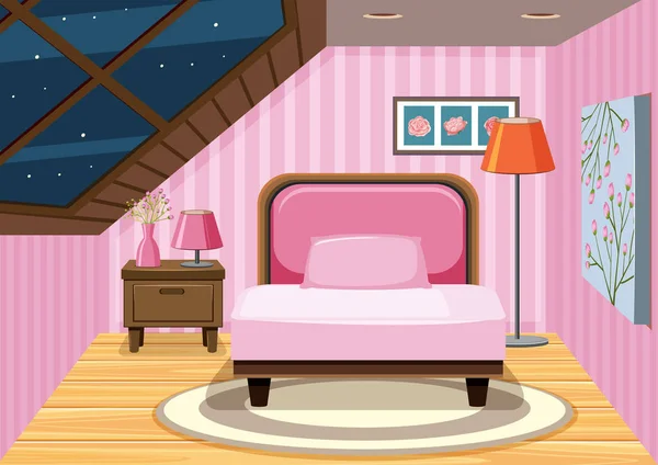 ピンクの屋根裏部屋の寝室の図 — ストックベクタ