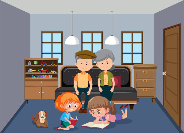 Grandparent and grandchildren in living room illustration