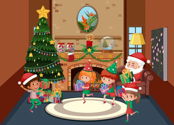 Niños Felices Celebran Ilustración Navidad — Vector de stock