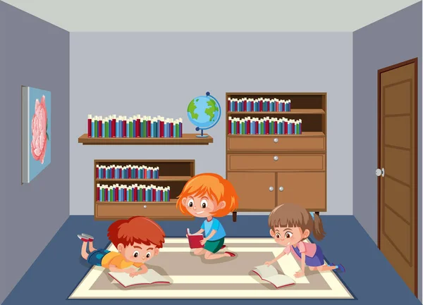 Enfants Lisant Livre Dans Bibliothèque Illustration Salle — Image vectorielle