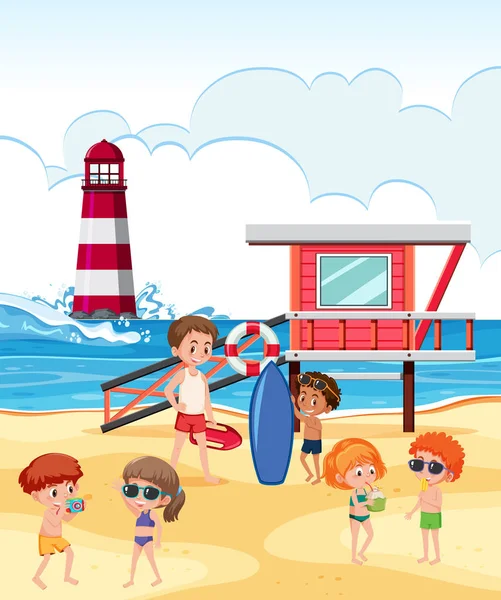 Personas Playa Vacaciones Verano Ilustración — Vector de stock