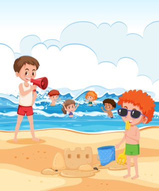 Çocuk sonra cankurtaran bakmak beach illüstrasyon