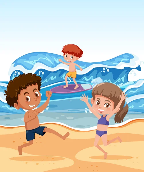 Niños Jugando Playa Ilustración — Vector de stock