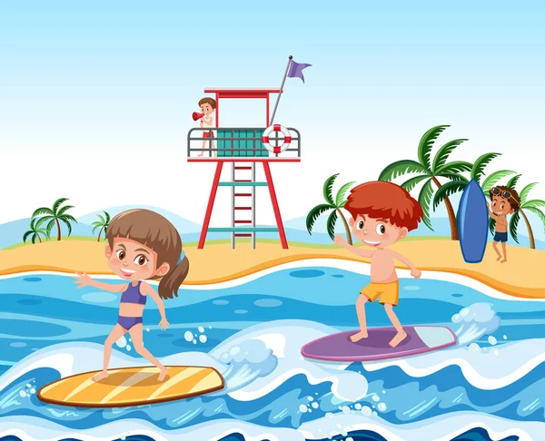 Děti Surfování Vlnách Ilustrace — Stockový vektor