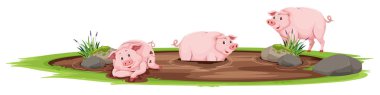 Pigs playing in the mud illustration clipart