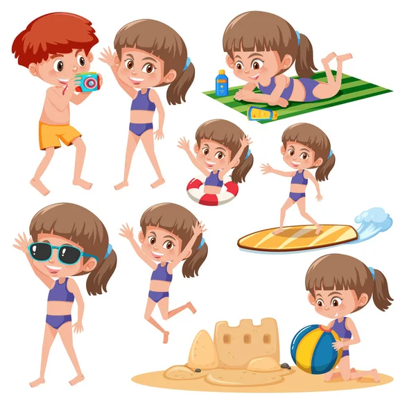 Beach Girl Character Set Illustration — Stock Vector