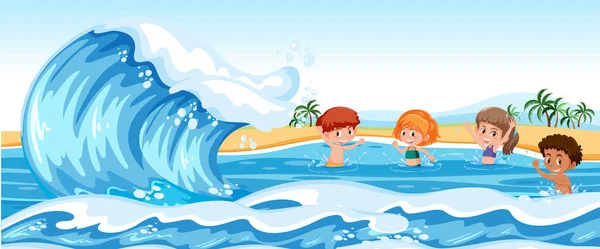Enfants Jouant Dans Mer Illustration — Image vectorielle