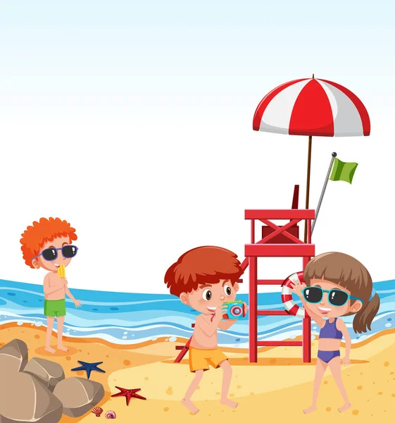 Kinderen Strand Vakantie Illustratie — Stockvector