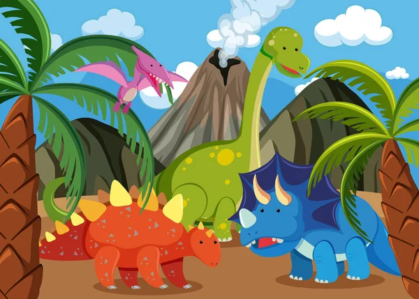 Muchos Dinosaurios Naturaleza Ilustración — Vector de stock