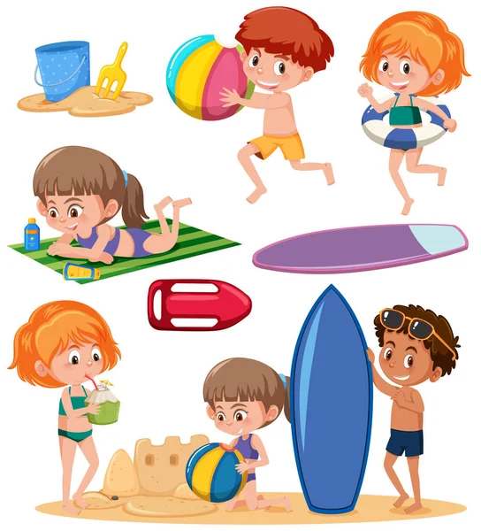 Conjunto Niños Ilustración Elementos Playa — Vector de stock