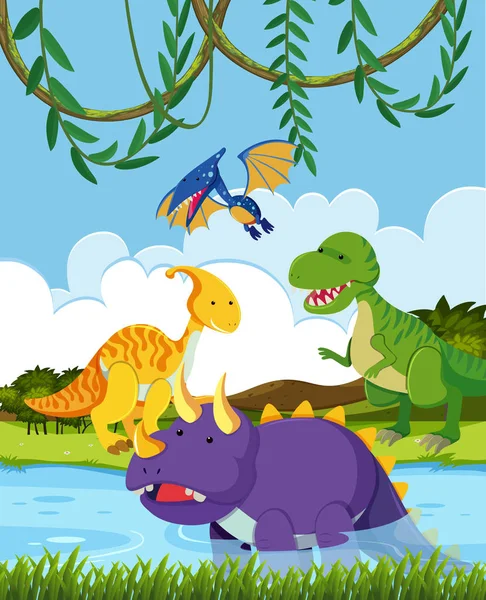 Groep Van Dinosauriërs Natuur Afbeelding — Stockvector