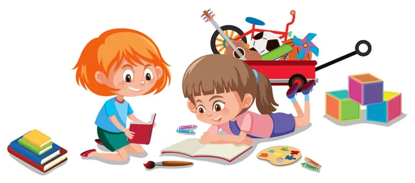 Bambini Che Leggono Libro Sfondo Bianco Illustrazione — Vettoriale Stock