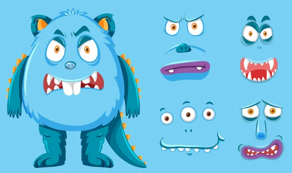 Blue Monster Facial Set Illustration — Stock Vector