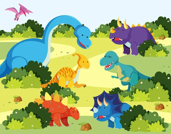 Molti Dinosauri Nell Illustrazione Della Natura — Vettoriale Stock
