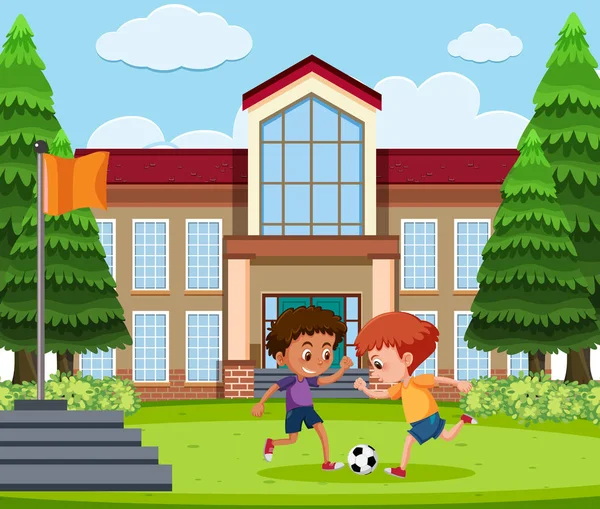 Pojkar Spelar Fotboll Skolan Marken Illustration — Stock vektor