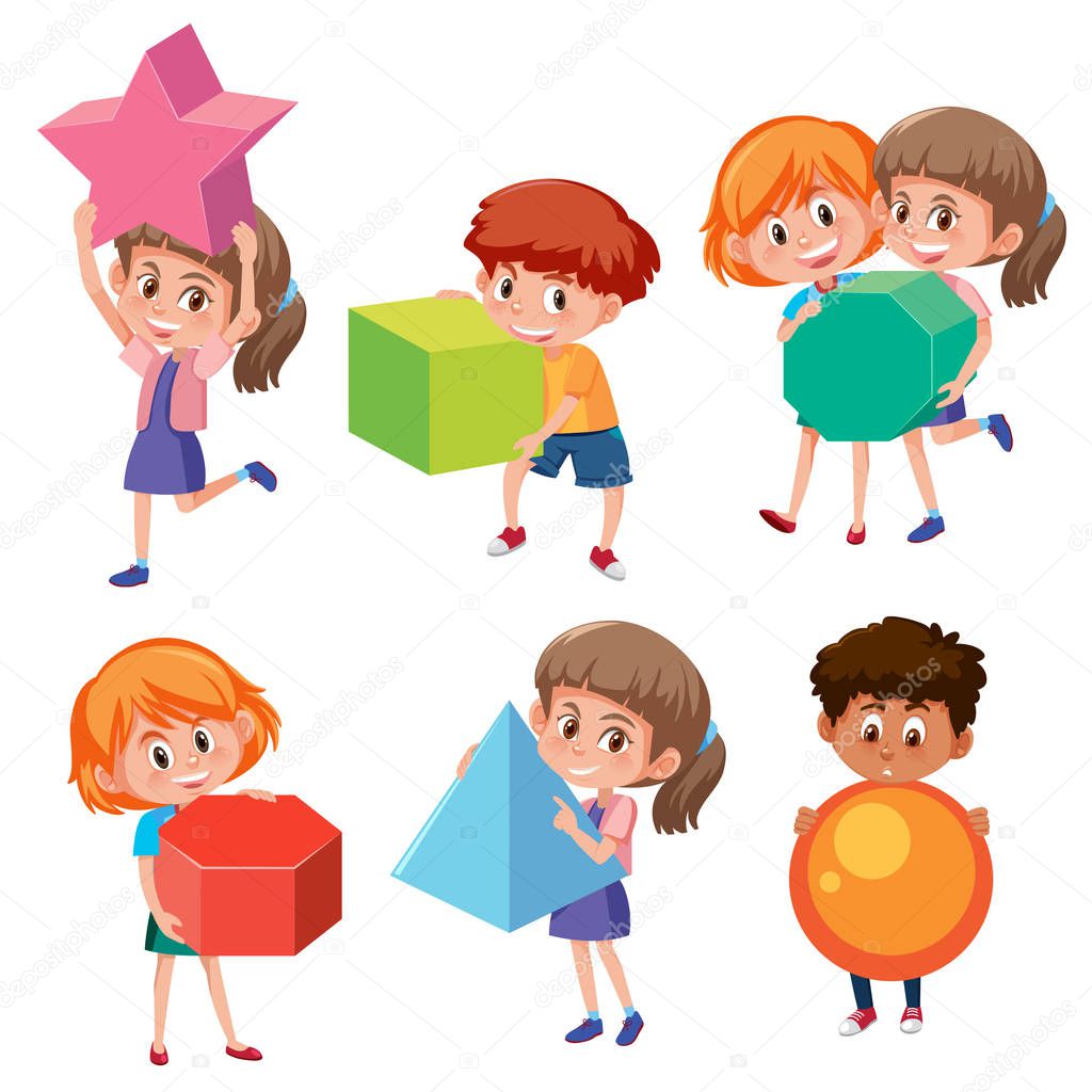 Set of children holding math geometry shapes illustration