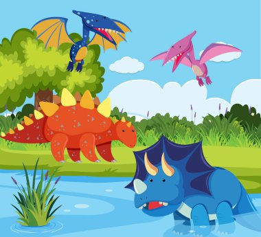 Doğa sahne illüstrasyon dinozorlar