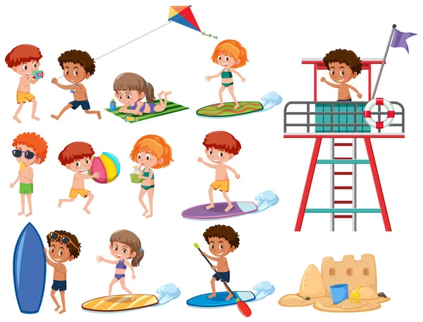 Conjunto Ilustración Personajes Niños Playa — Vector de stock