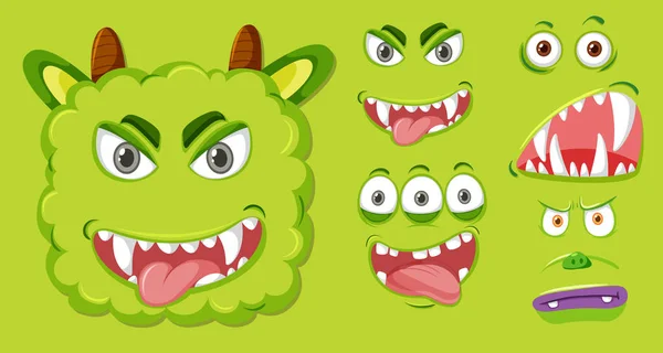Set Green Monster Facial Expression Illustration — Stock Vector