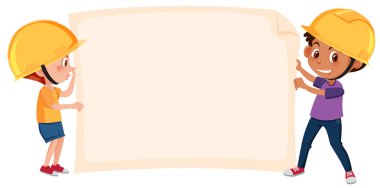 Çocuklar boş afiş illüstrasyon tutan mühendisi şapka ile