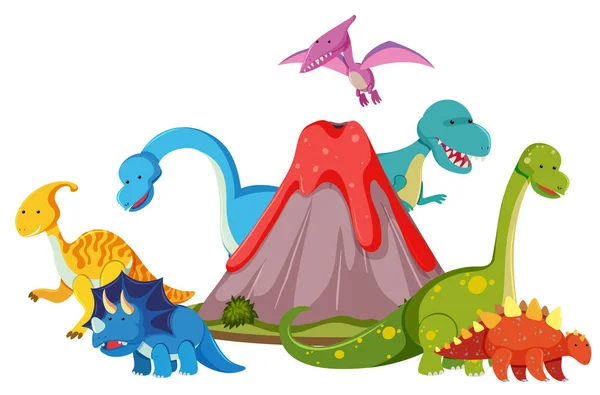 Muchos Dinosaurios Junto Ilustración Del Volcán — Vector de stock
