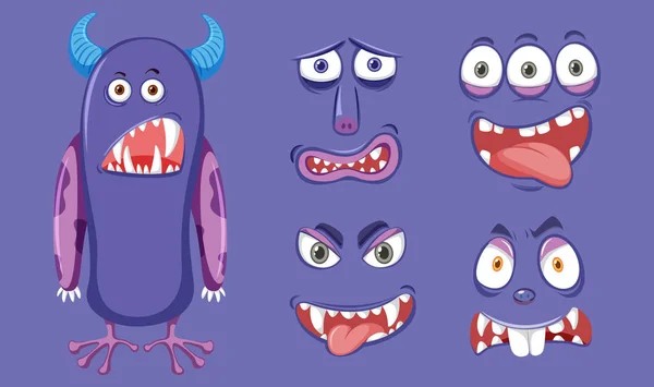 Purple Monster Diffrent Facial Expression Illustration — Stock Vector
