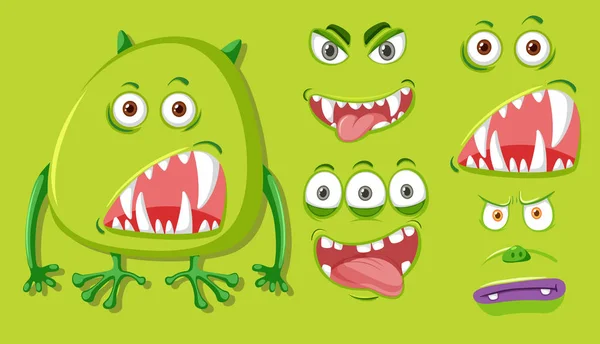 Grünes Monster Mit Unterschiedlichem Gesichtsausdruck — Stockvektor