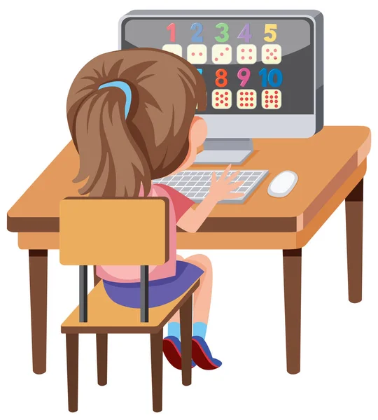 Mädchen Lernen Mit Computerillustration — Stockvektor