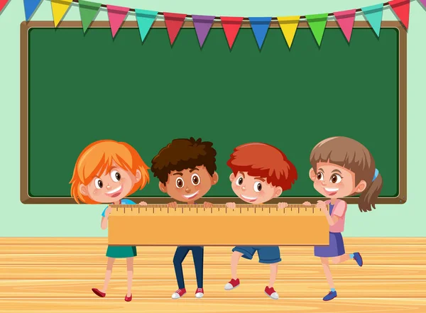 Niños Sosteniendo Regla Ilustración Aula — Vector de stock