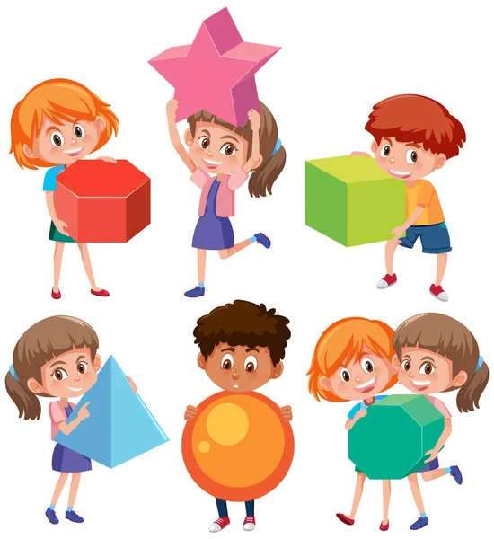 Children Character Holding Geometry Shapes Illustration — Stock Vector