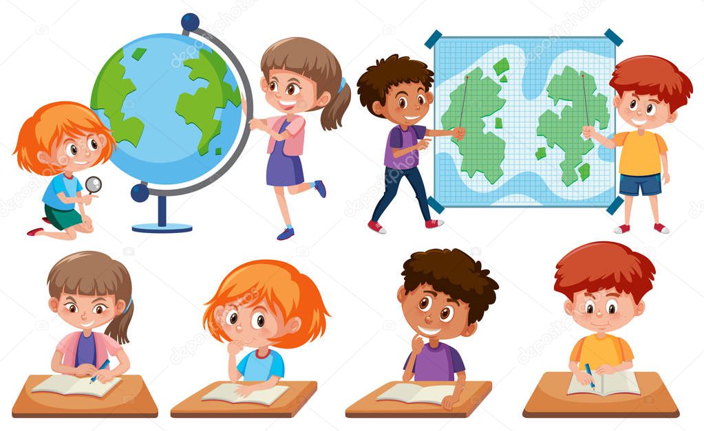Children with learning tools on white background  illustration