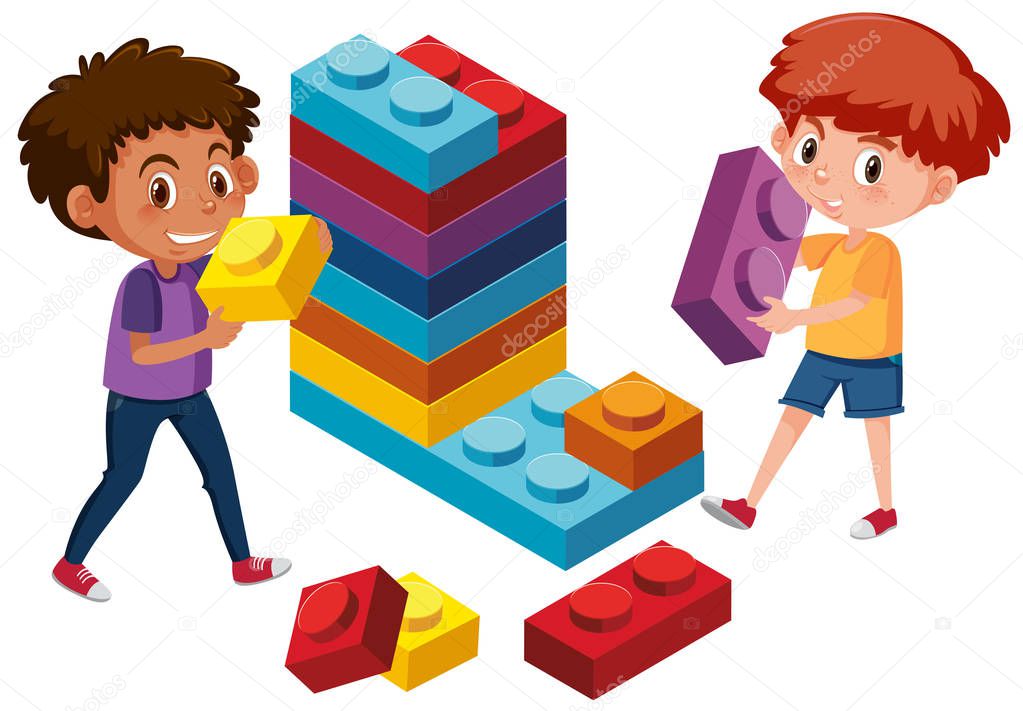 Boys playing lego brick illustration