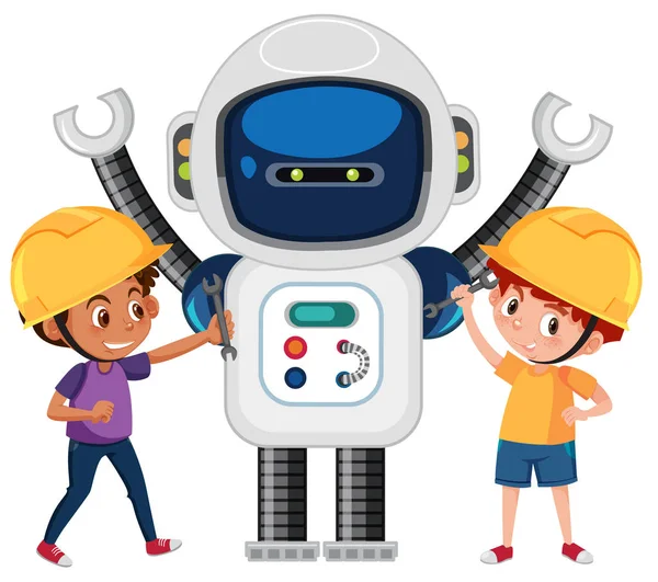 Niños Jugando Con Ilustración Robot — Archivo Imágenes Vectoriales
