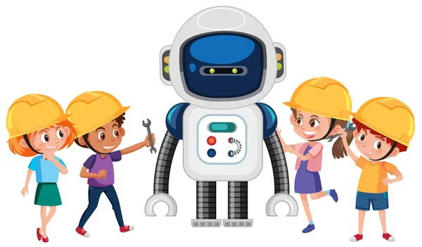 Ομάδα Παιδιών Παίζουν Ρομπότ Εικονογράφηση — Διανυσματικό Αρχείο