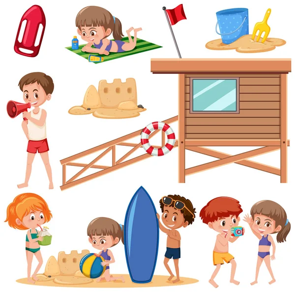 Conjunto Niños Playa Ilustración — Archivo Imágenes Vectoriales