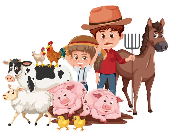 Farmer Farm Animals Illustration — Stock Vector