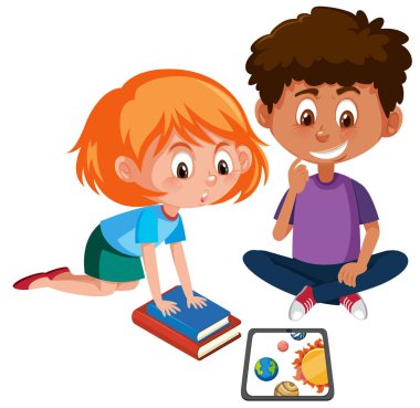 Erkek ve kız tablet çizim ile öğrenme