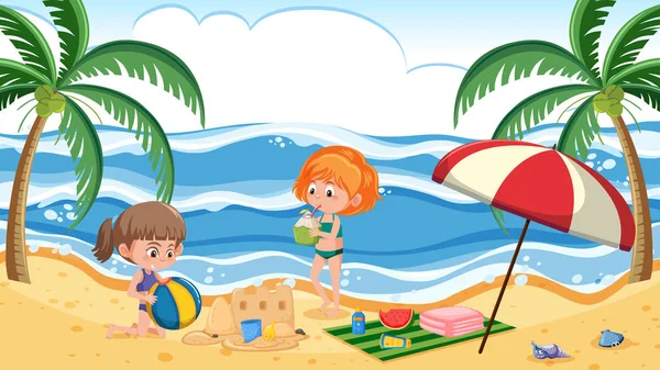 Niños Playa Verano Ilustración — Vector de stock