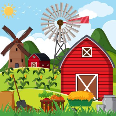 Çiftlik sahne kırmızı ahır çizim ile