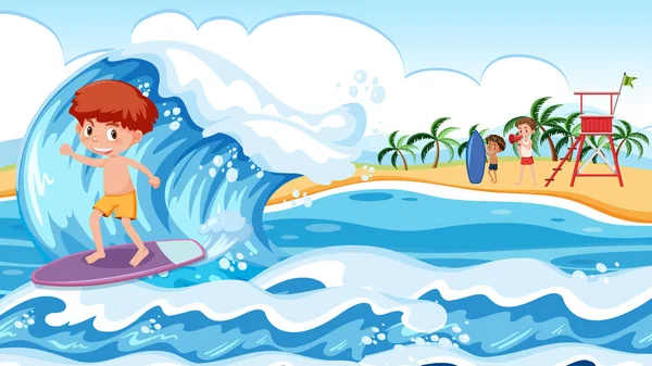 Niño Surfeando Gran Ola Ilustración — Vector de stock