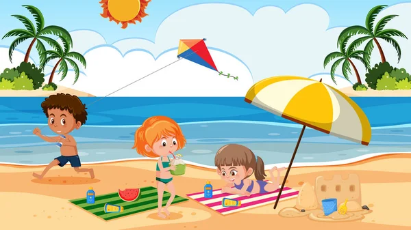Children Playing Beach Illustration — Stock Vector