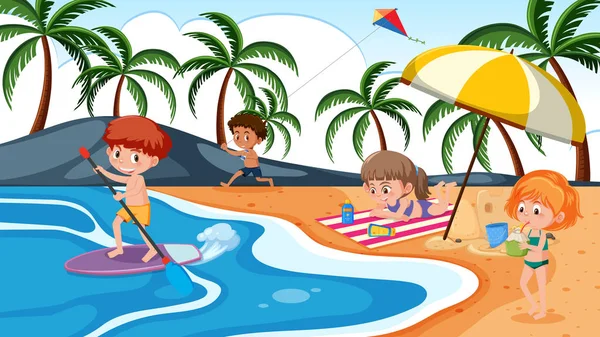 Kinderen Spelen Het Strand Illustratie — Stockvector