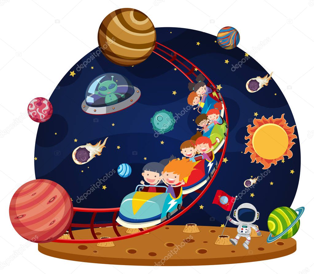 Children riding space roller coaster illustration