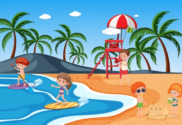 Niños Playa Ilustración — Vector de stock